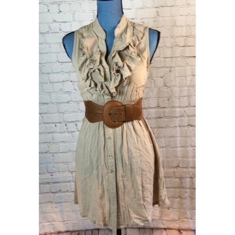 Deb Dress Tan Ruffled V-Neck Brown Elastic Belt Sleeveless Small